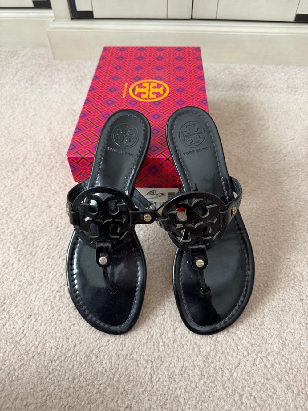 Tory Burch Black Patent Logo Thong Sandals